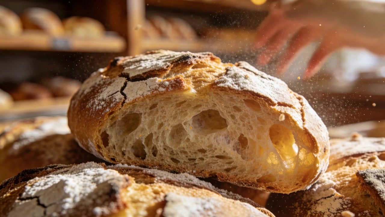 Entering from right, hands lifting crusty loaf on bakery shelf, revealing open crumb and flour dust