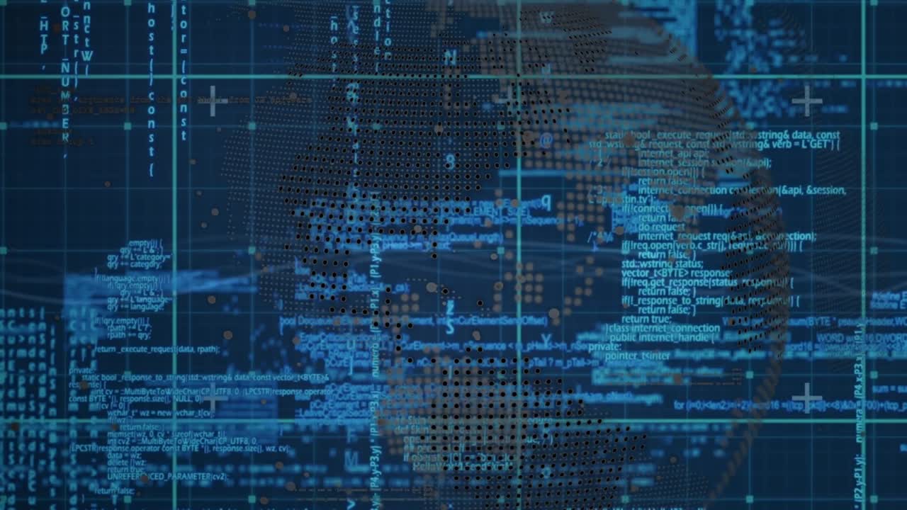 Animation of data processing over grid on black background