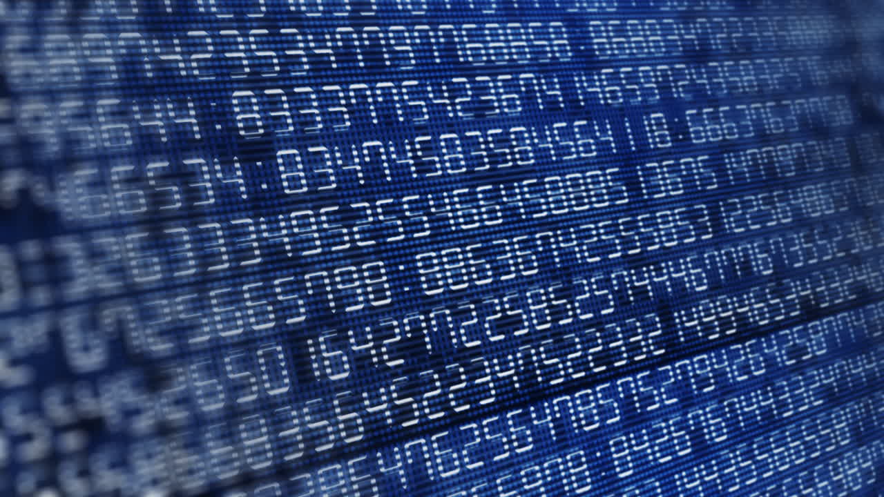 Moving and changing numbers on an electronic digital display with pixels. Blue screen animation with dark background. Computer digital code.