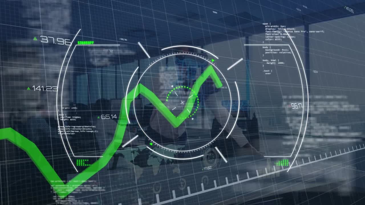 Digital interface with data processing on african american businessman wearing vr headset at office