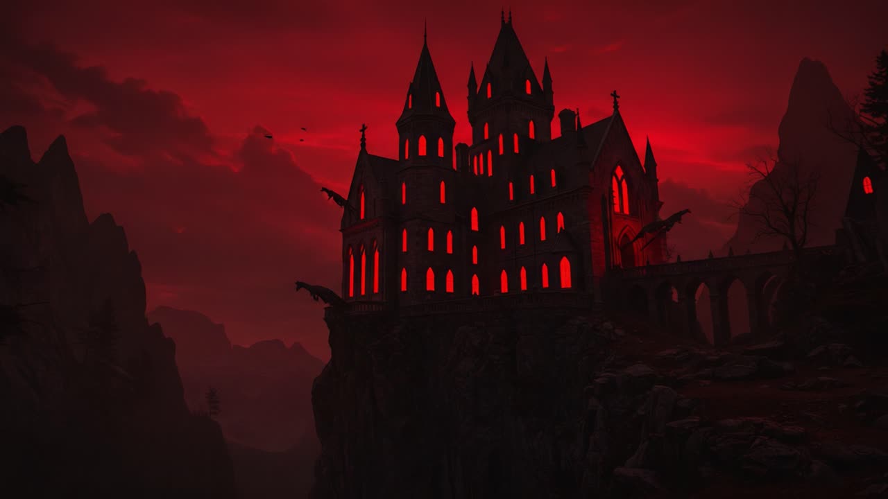 A Haunting Castle Illuminated by an Eerie Red Sky, Perched on a Prominent Cliff with Majestic Peaks in the Background, Creating a Mysterious and Foreboding Atmosphere