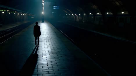 woman alone at night train station platform