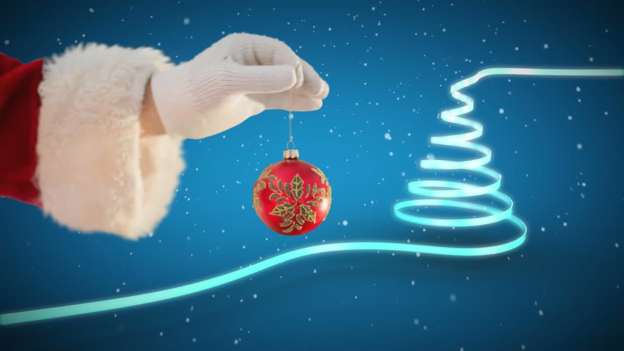 산타가 크리스마스 보블과 크리스마스 트리를 들고 있다