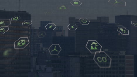 animación de múltiples iconos digitales flotando contra la vista aérea del paisaje urbano