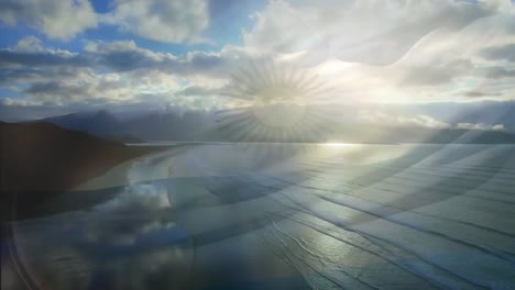 animation of flag of argentina blowing over beach seascape