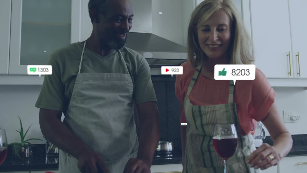 Man chopping vegetables igniting icons swirling around couple boosting cooking engagement