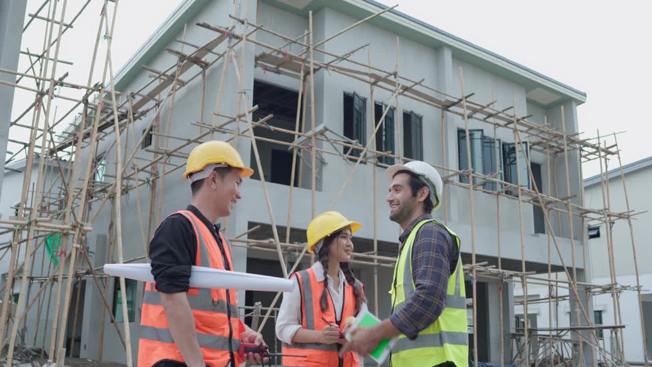 equipo de diversidad de ingeniero civil o arquitecto y capataz, colega de pie hablando usar casco de seguridad. antes de comenzar el trabajo y caminar encuesta en el sitio de construcción. edificio y concepto de bienes raíces