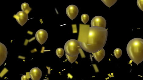 animación de globos de oro con confeti sobre un fondo negro