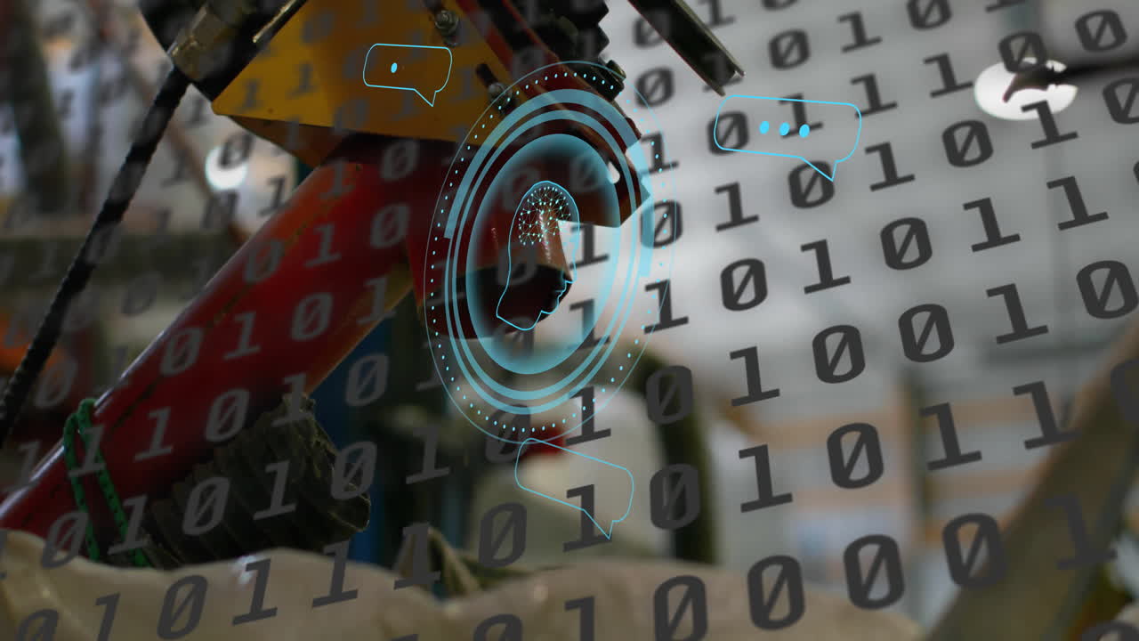 código binario y iconos de comunicación digital sobre maquinaria robótica