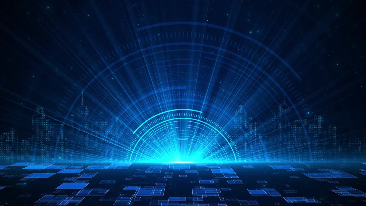 Sfondo HUD di città futuristica blu con skyline luminoso, pannelli del pavimento digitali e anelli di interfaccia radiali