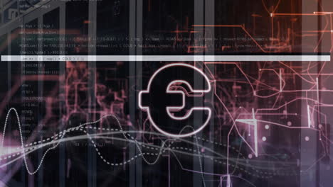 animation of euro sign and data processing over computer servers