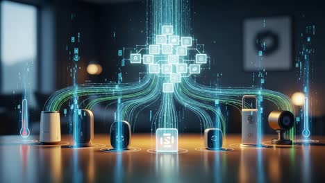 a futuristic display of smart devices connected through digital streams, showcasing the integration of technology and iot in modern homes