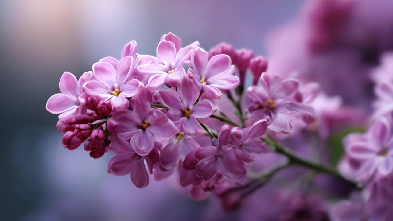 Close-up menakjubkan bunga lilac yang mekar dengan kelopak halus, menampilkan nuansa ungu cerah dan daun hijau subur dengan latar belakang lembut yang buram