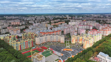 panoramic view on the city buildings. new residential area with modern housing for city residents. many colorful block of flats in new urban district. aerial view.