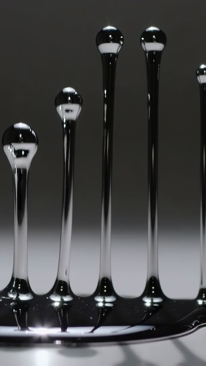 Vertical video: Rising at start, metallic liquid jets forming on studio pan with shiny droplets