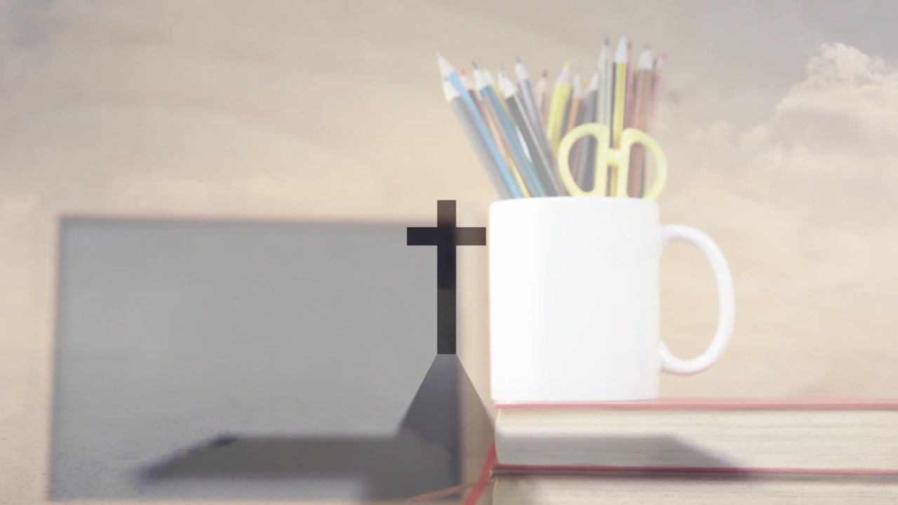 Desk blurring, mug rising, plus graphic appearing to reveal details, shadow stretching over books