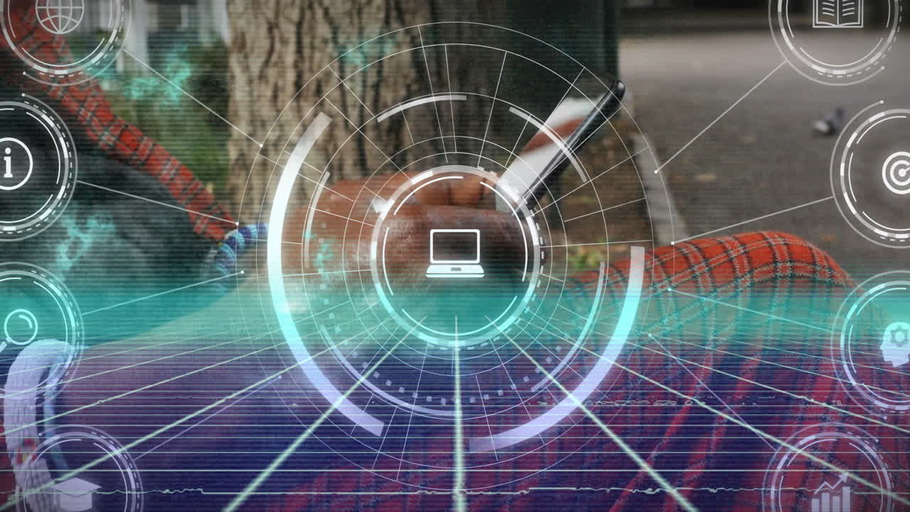 Using smartphone, person interacting with futuristic digital animation outdoors