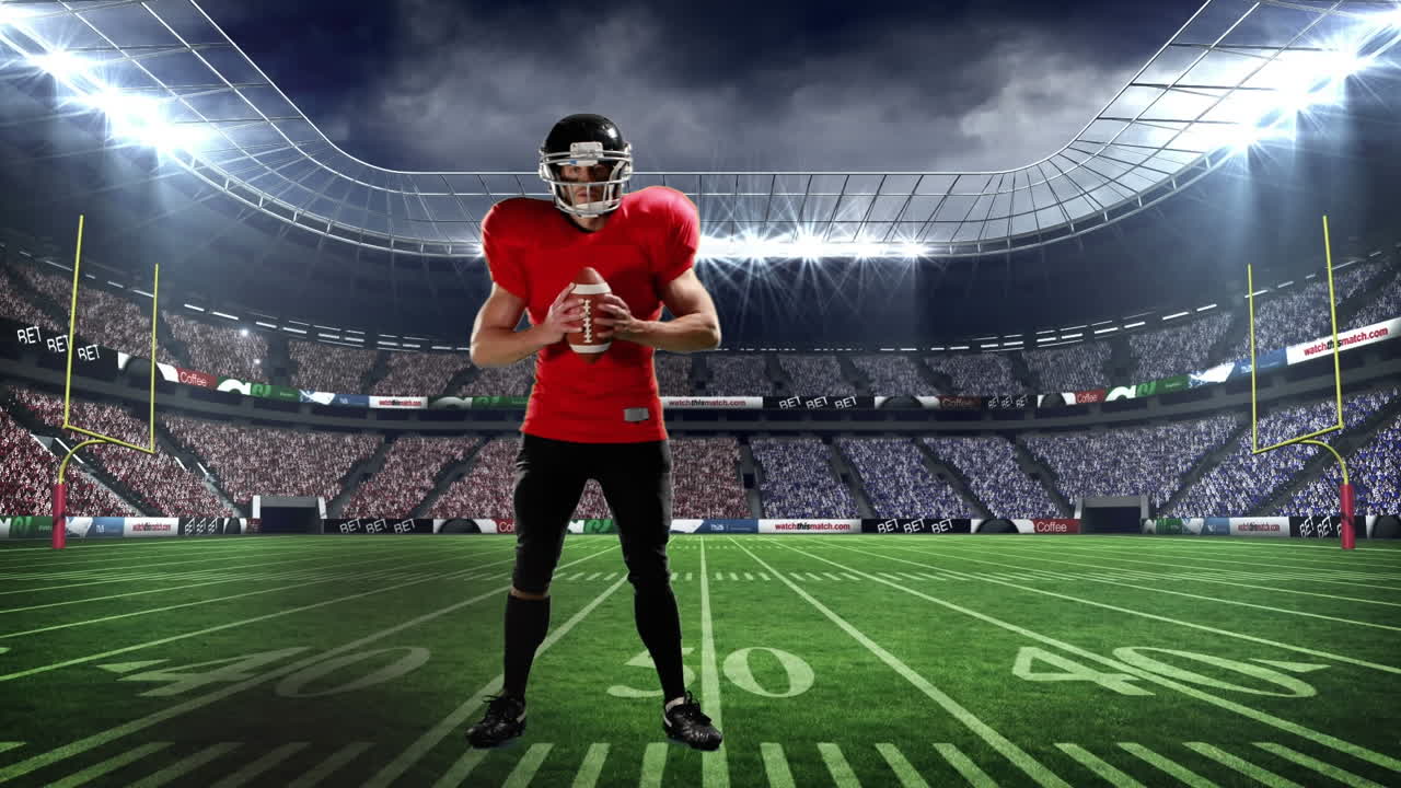 Animazione di un giocatore di football americano su uno stadio sportivo