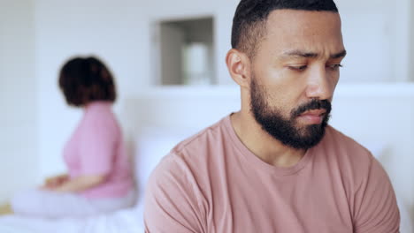 Man,-thinking-and-conflict-of-couple-in-bedroom