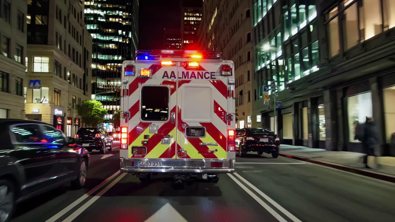 Paesaggio urbano notturno con un'ambulanza in movimento, ripresa da dietro con un'angolazione dal basso