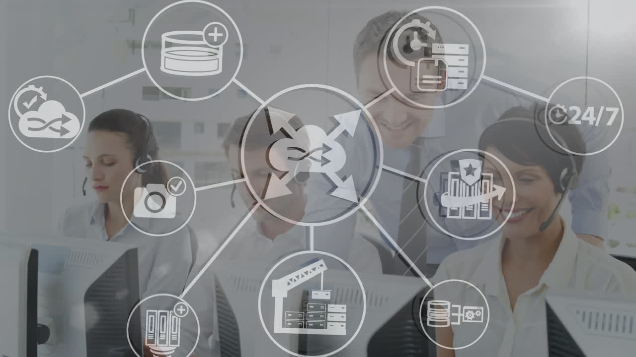 animación de la red de conexiones con iconos sobre personas de negocios que usan auriculares de teléfono