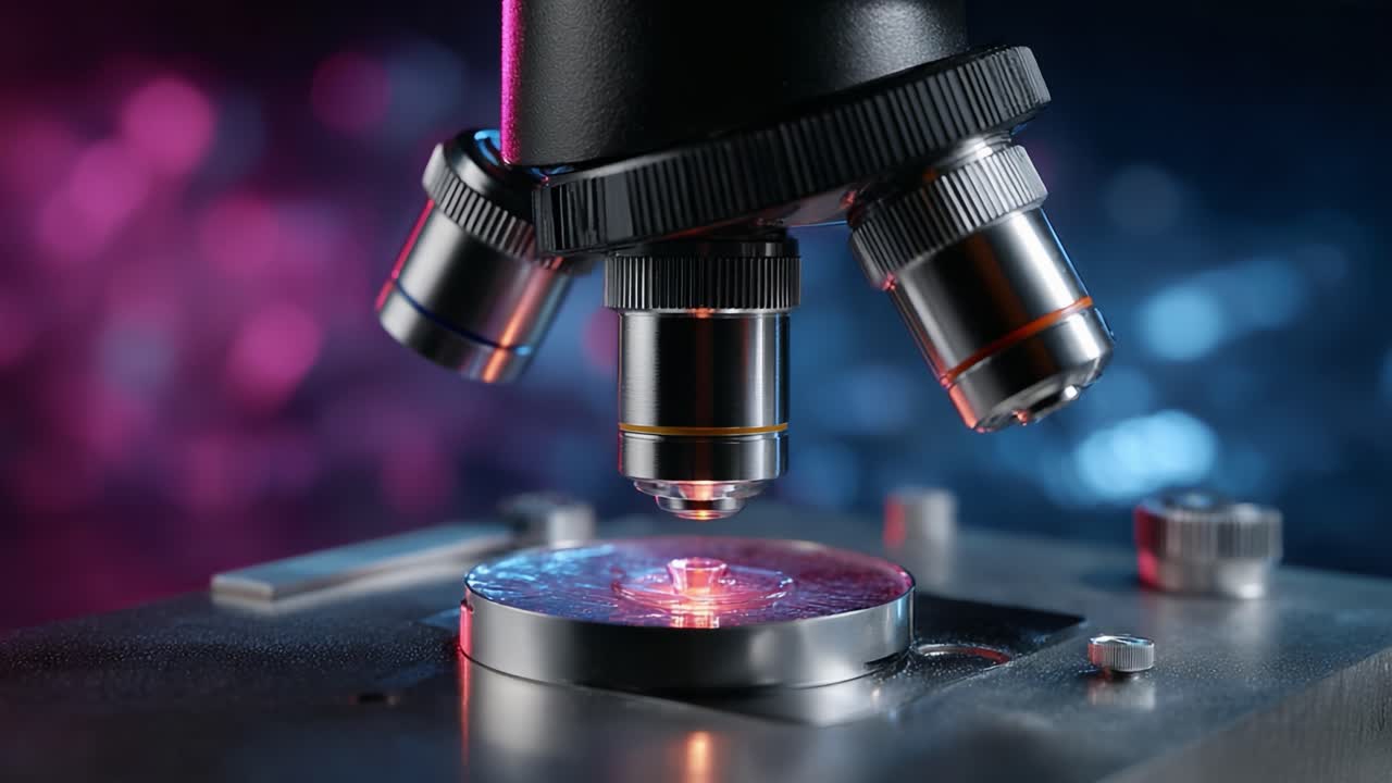 In-Depth Examination: A Close-Up View of a Microscope Analyzing a Sample Under Illumination, Highlighting Scientific Exploration and Precision