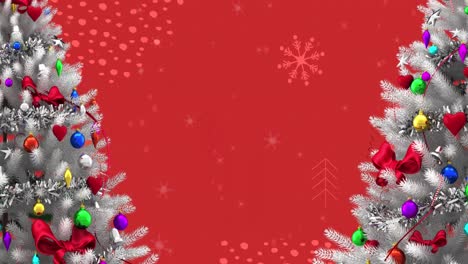 Animation-of-snow-falling-over-christmas-tree-and-red-background