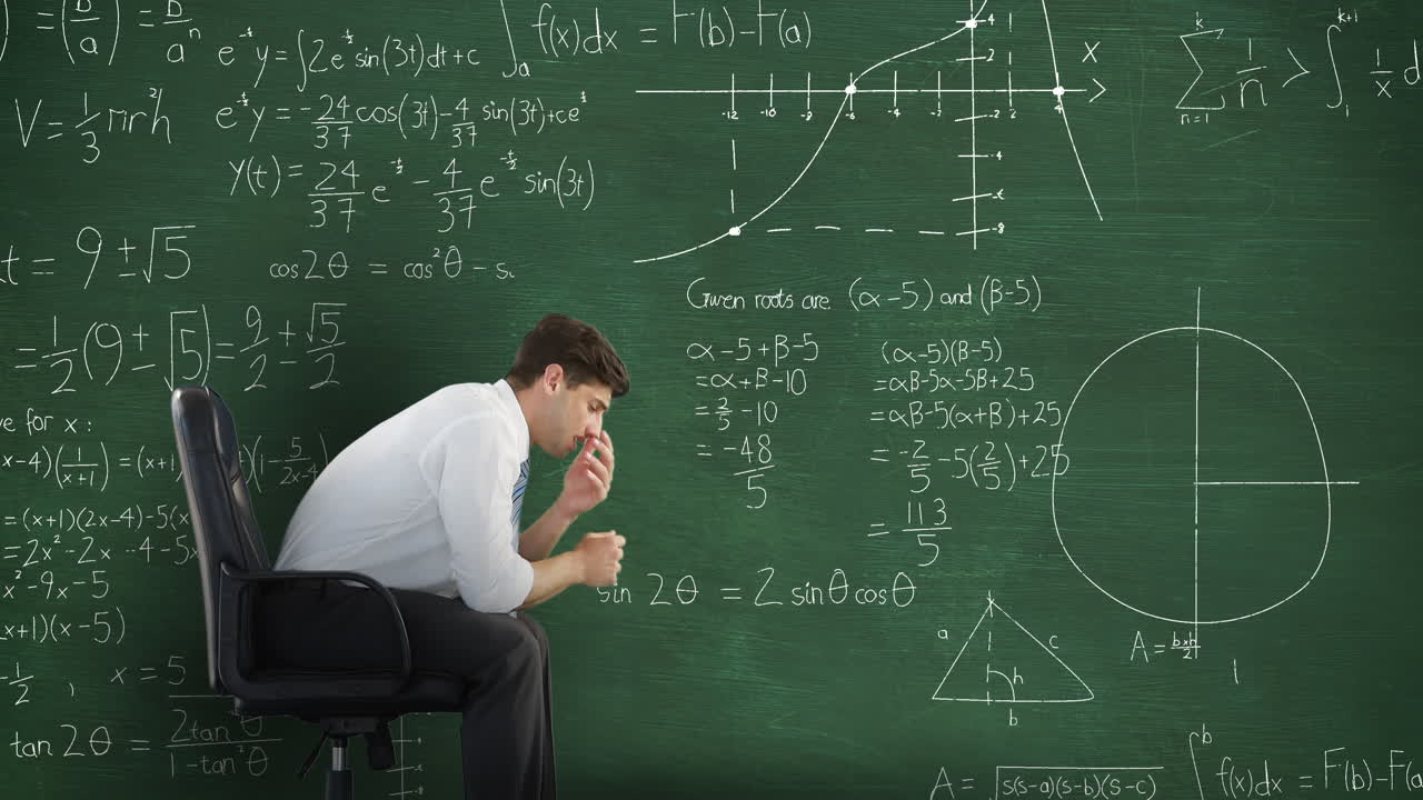 Man in front of moving maths on blackboard