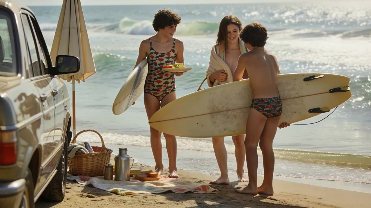 Emergendo dalle onde, 3 adolescenti in costume da bagno che trasportano tavole camminano verso un picnic vicino a un SUV, sistemando l'asciugamano.