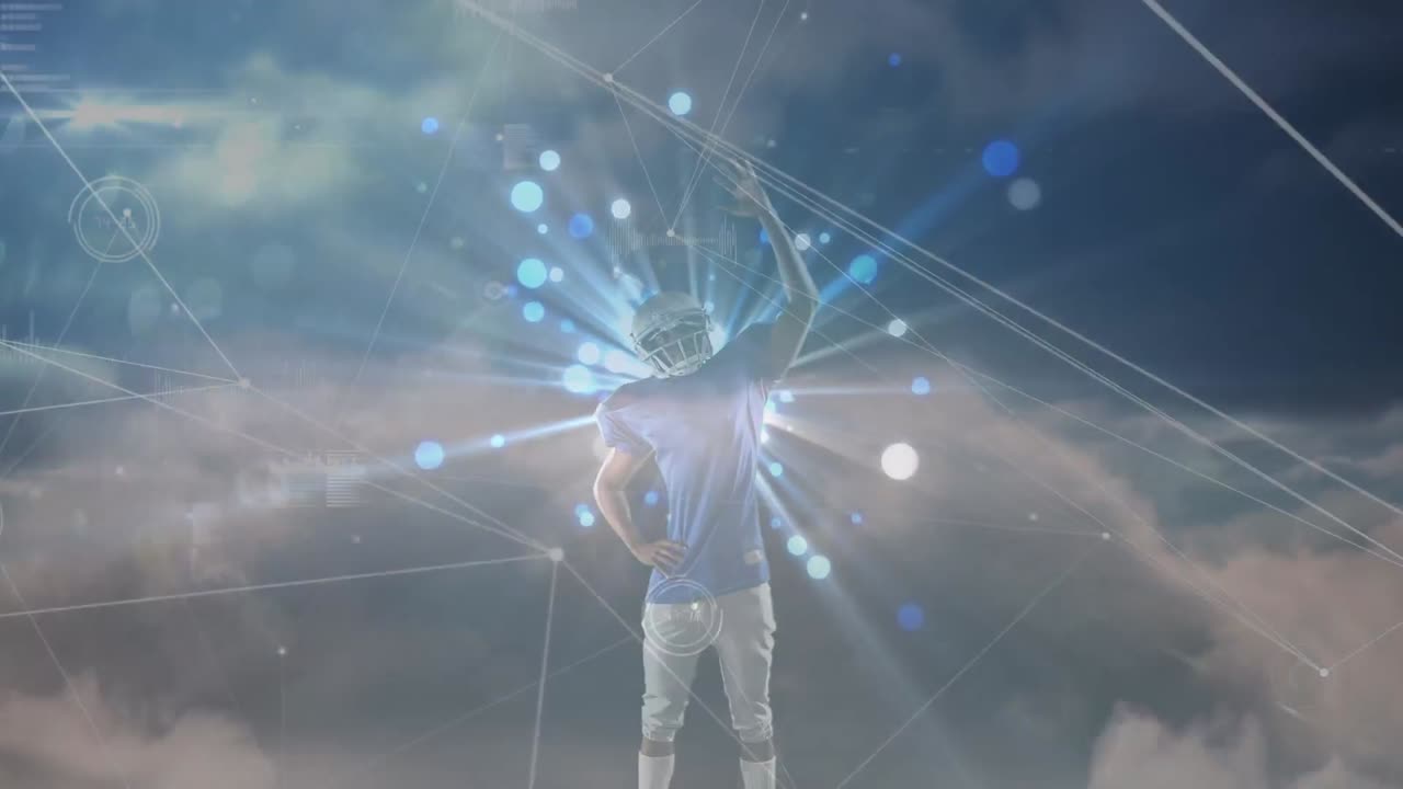 animación de procesamiento de datos y nubes sobre jugador de rugby caucásico