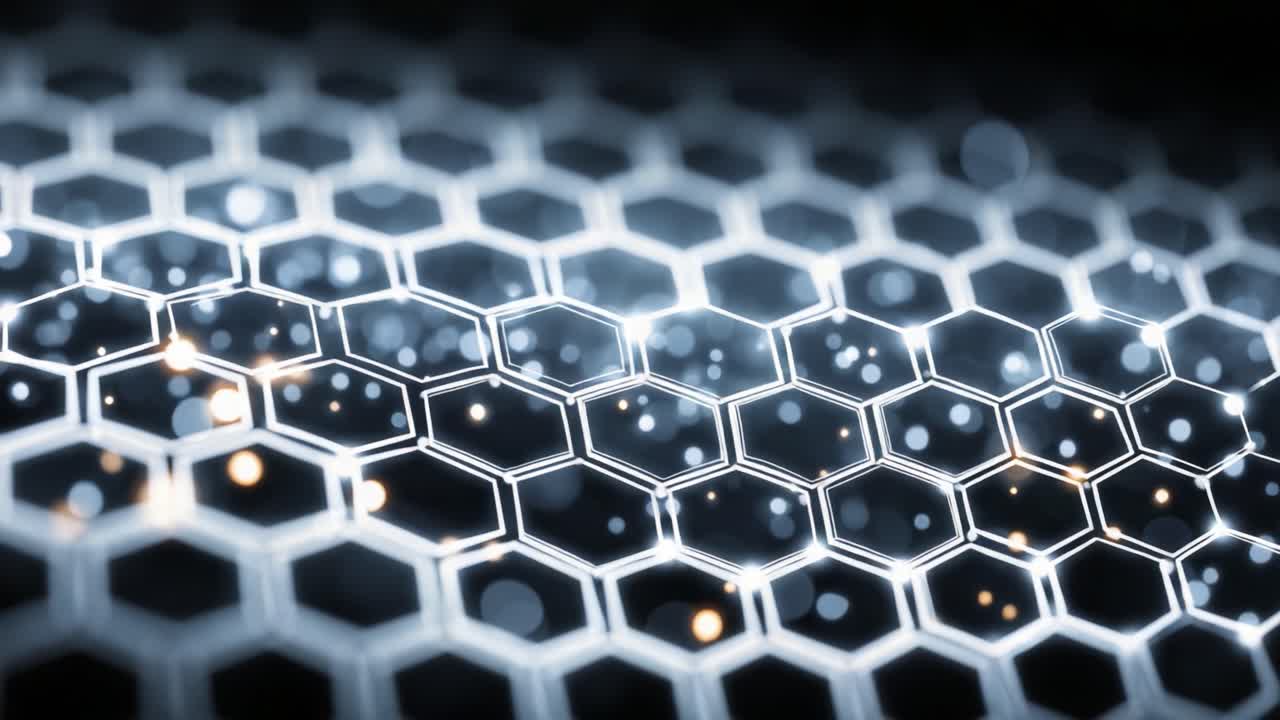 A Visual Journey Through a Dynamic Hexagonal Pattern with Luminous Bokeh Effects, Showcasing a Striking Contrast of Light and Shadow