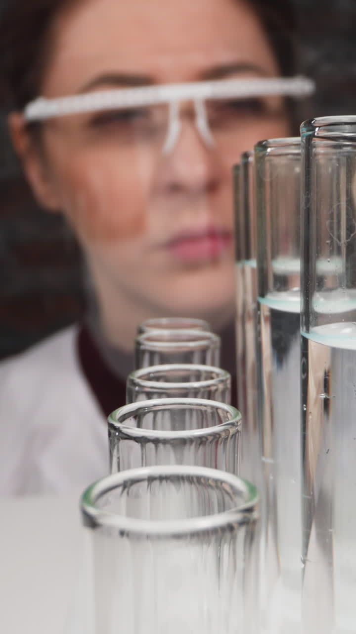 Concentrated lady doctor with face shield takes test tube to check liquid sample in lab slow motion. Probe lens shot of female scientist closeup