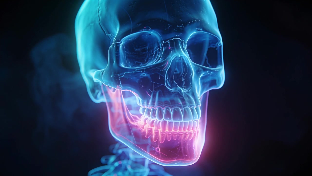 Ruotando un modello di teschio trasparente da destra verso il fronte in un vuoto scuro, mostrando la mandibola e i denti rosa.