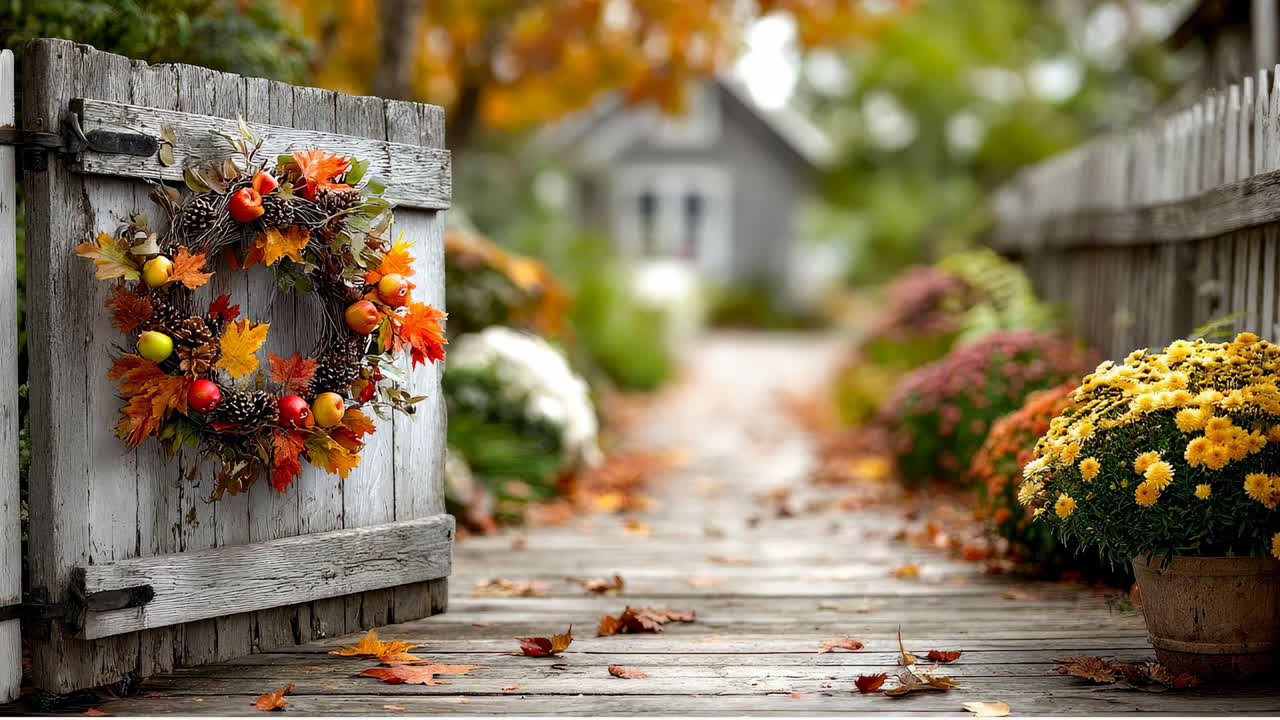 Charming garden path in autumn season. A rustic wooden gate frames a vibrant path lined with autumn leaves and colorful flowers, inviting an autumn stroll