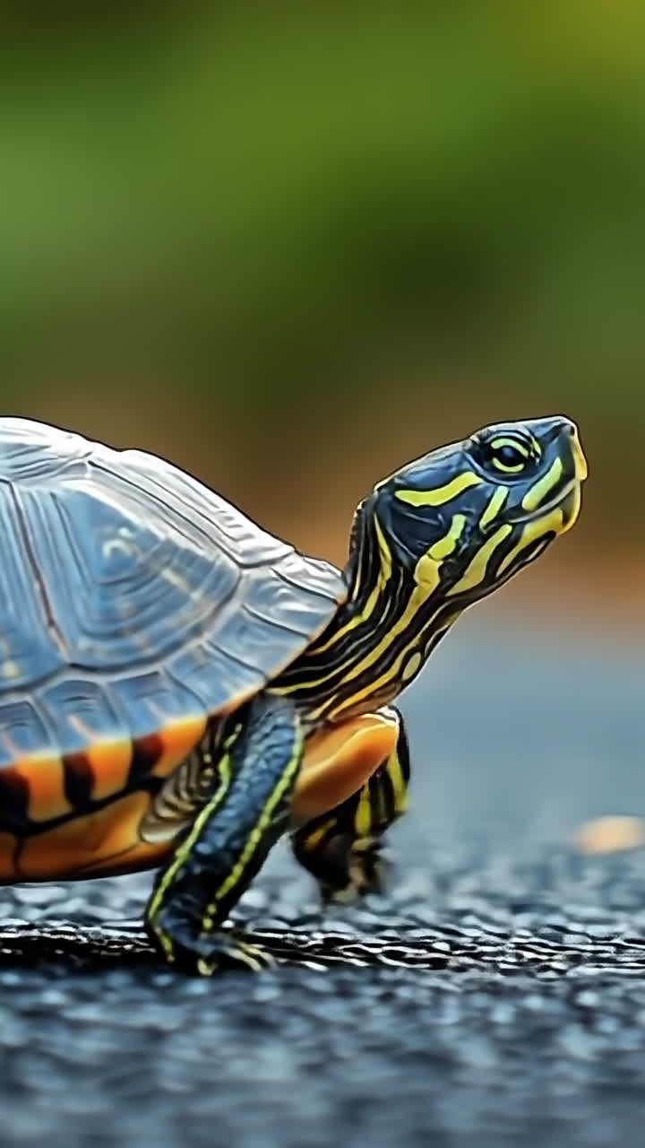 Tartaruga caminhando em um caminho na natureza. Uma pequena tartaruga com marcas vibrantes caminha lentamente por um caminho cercado por vegetação sob a luz da manhã.
