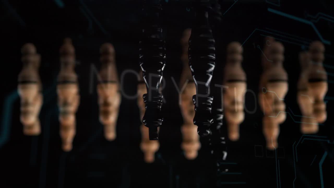 Black futuristic chess pieces being visualized in 3D scene, with NOCRYPTO overlay and circuits
