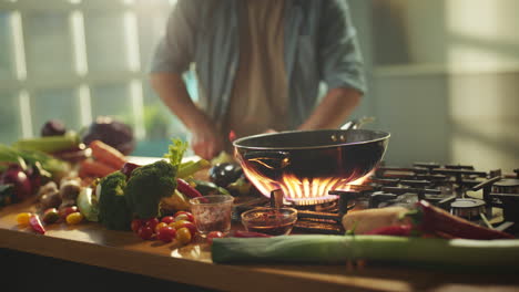 cooking vegetables on a gas stove