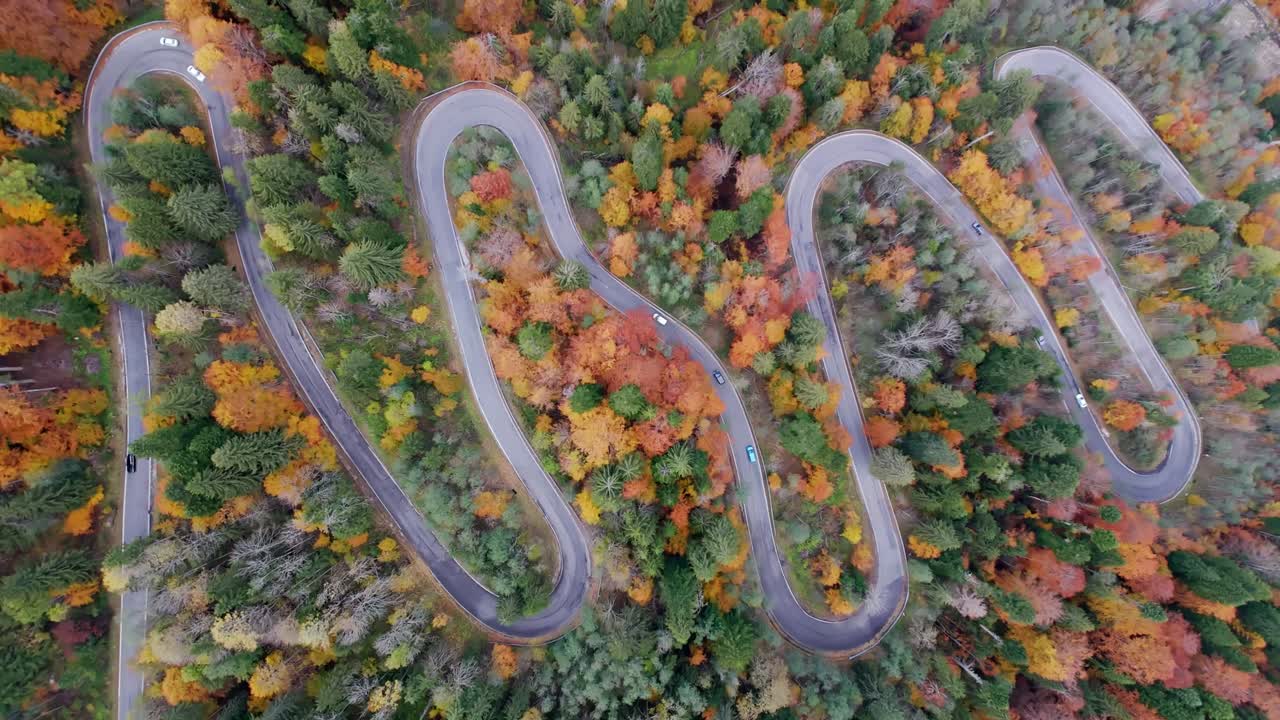 Top view of winding road in Fagaras Mountains from drone in spring, Romania