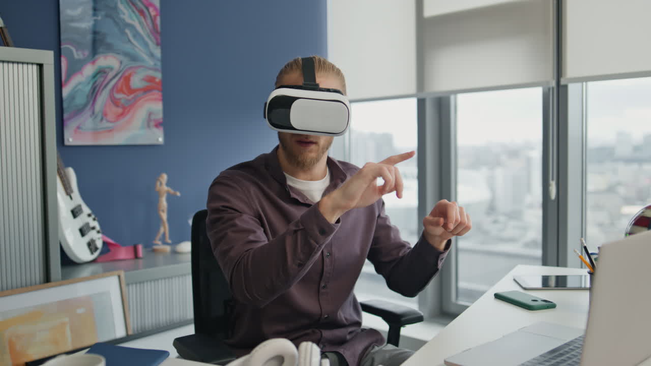 Vr programmer touching air panel at workplace closeup. Man swiping interface