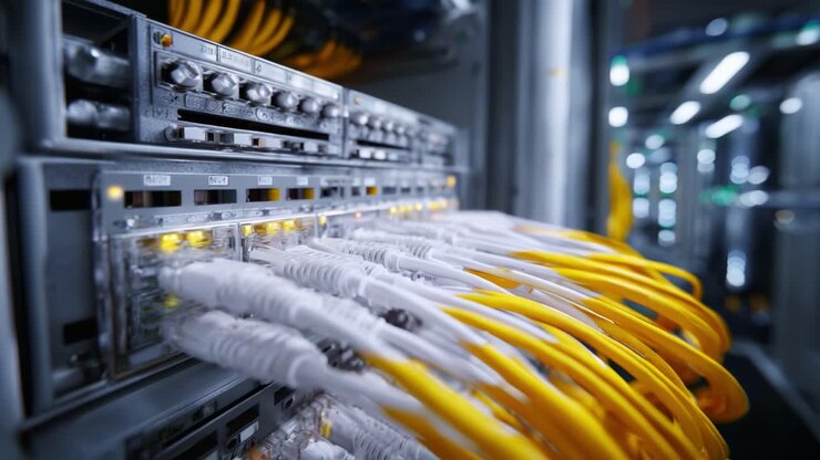 Primo piano di cavi di rete collegati a uno switch di un data center, che evidenzia le complessità delle moderne infrastrutture di telecomunicazione