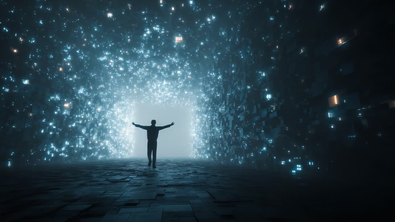 A Solitary Figure Embraces the Wonders of a Digital Realm, Surrounded by a Cascade of Glowing Particles and Infinite Possibilities in a Mystical Space