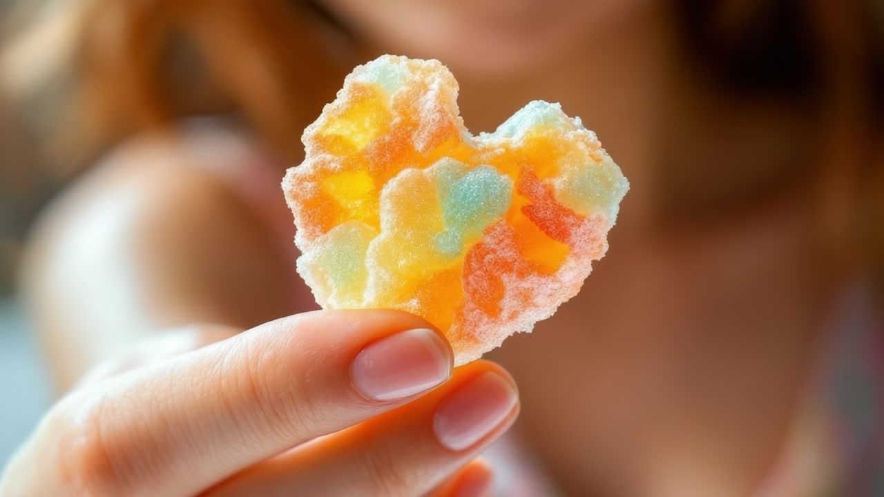 Colorful heart-shaped gummy candy is being held by a person, showcasing vibrant hues and a sugary texture, with a softly blurred background that enhances the candy's appeal and charm