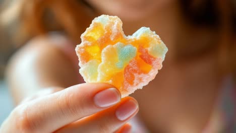 colorful heart-shaped gummy candy is being held by a person, showcasing vibrant hues and a sugary texture, with a softly blurred background that enhances the candy's appeal and charm