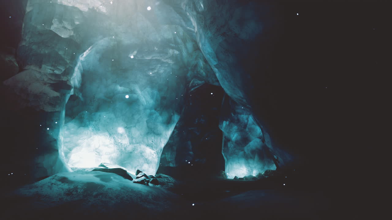 Mysterious cave illuminated by ethereal blue light in a remote location