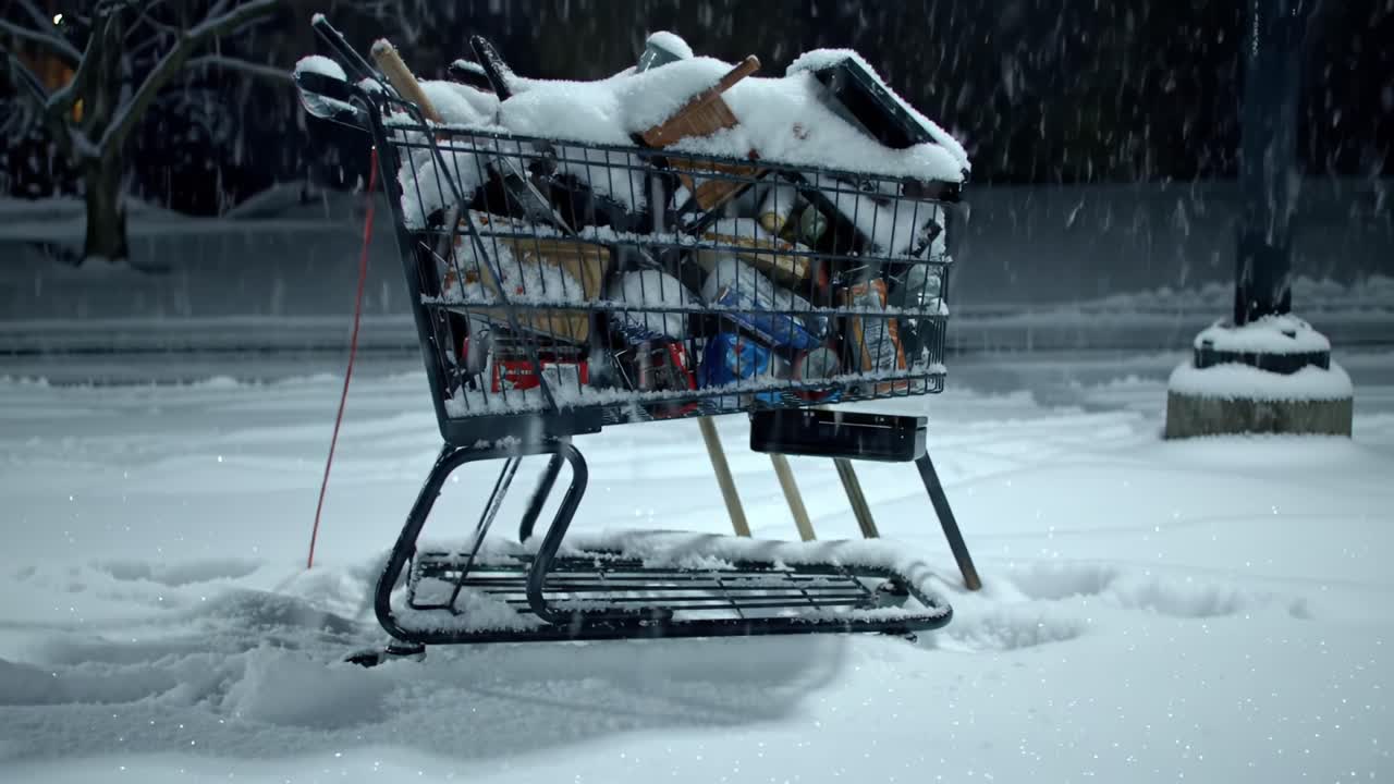 A Shopping Cart Abandoned in a Winter Snowstorm, Heaped with Debris and Blanketed by Fresh Snowflakes, Captures the Solemn Beauty of Desolation in Urban Winter Landscape