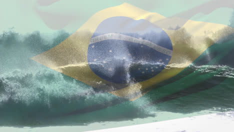 digital composition of waving brazil flag against waves in the sea