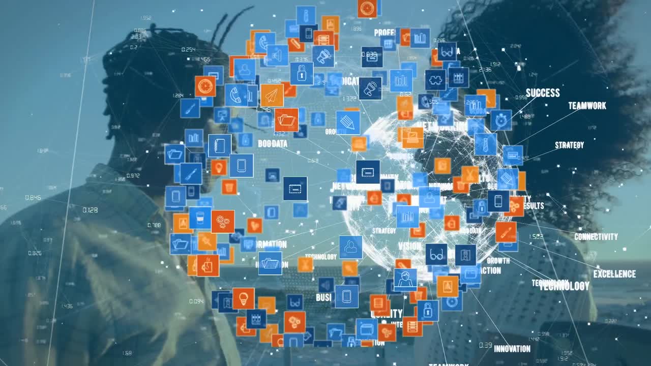 아프리카계 미국인 커플에 대한 미디어 아이콘과의 연결 네트워크의 애니메이션