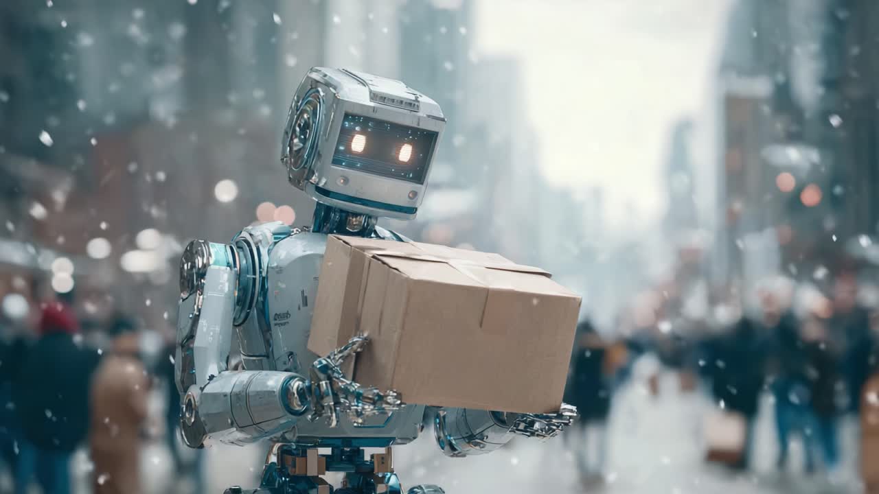 A futuristic robot navigating through a snow-covered urban environment while delivering a package, showcasing the fusion of technology and human-like tasks in a bustling city backdrop