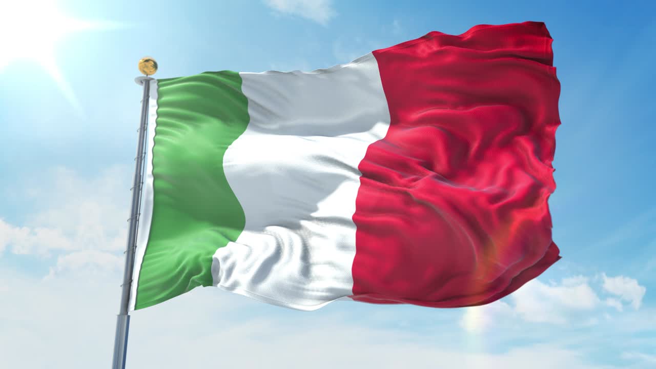 Italy flag waving in the wind against deep blue sky. National theme, international concept. 3D Render Seamless Loop 4K