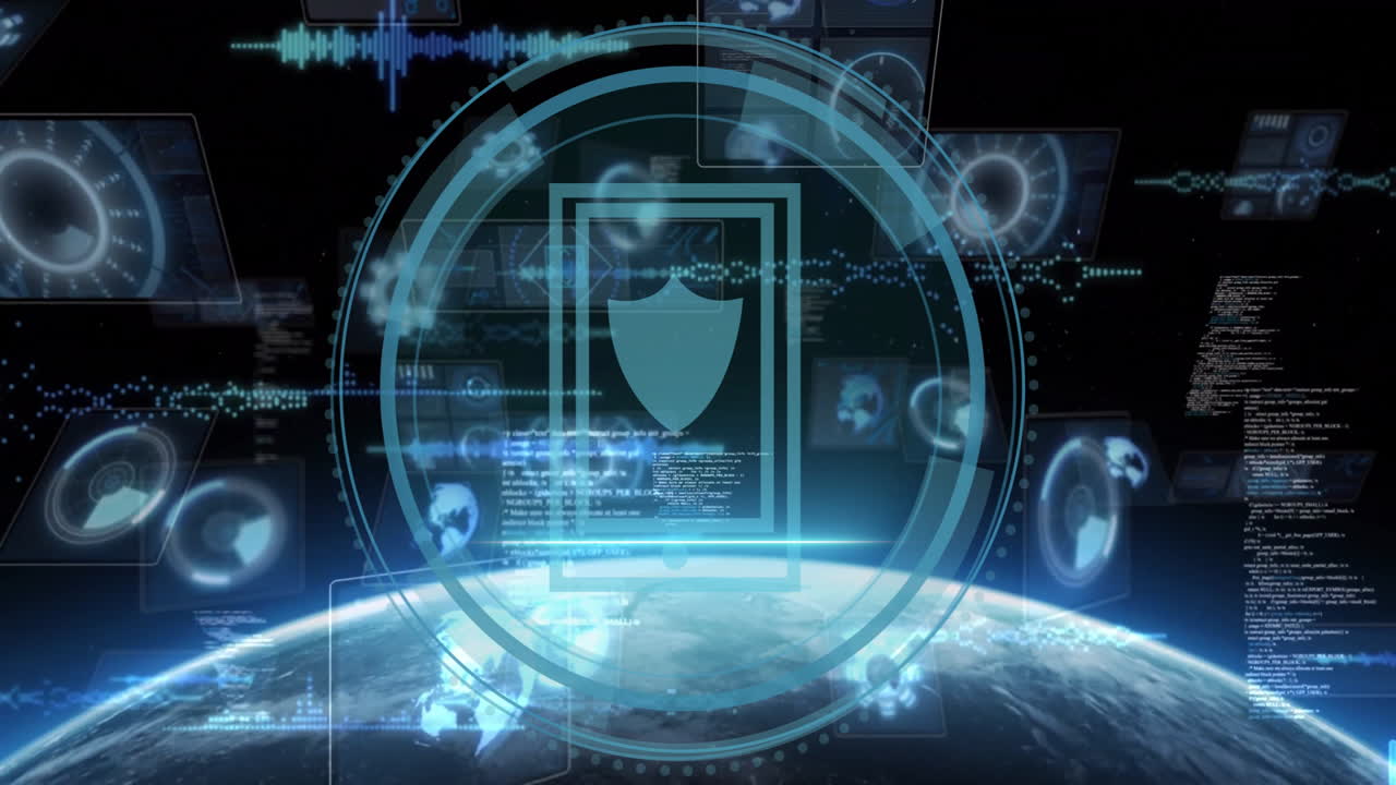 Digital security shield animation over smartphone icon and global network background
